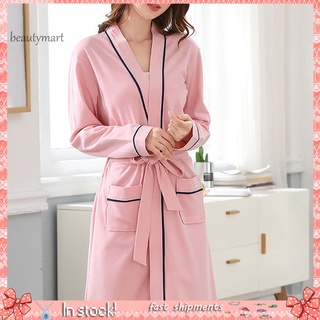 Bsy_fashion mujeres suave manga larga bolsillos de Color sólido bata de baño vestido de casa ropa de dormir