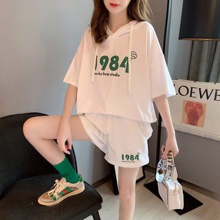 {ready stock} conjunto de pantalones cortos deportivos de las mujeres verano 2021 nueva moda suelta coreana con capucha suéter de manga corta casual de dos piezas conjunto