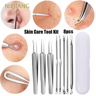 NIEJIANG Professional Face Care Tool With Bag Pimple Removing Skin Care Tool Kit Facial Pore Cleaner Stainless Steel Acne Pimple Extractor Makeup Tool Curved Tweezer Blackhead Removing/Multicolor