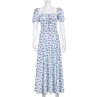 Flower print slit retro long skirt summer elegant dress holiday boho style square neck beach (6)