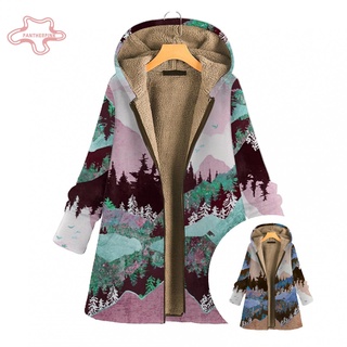pantherpink Women Winter Zipper Hooded Coat Pocket Mountain Print Long Sleeve Plush Jacket