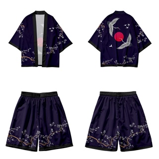 Cosplay grúa impresión Cardigan Harajuku Kimono pantalones cortos conjuntos Yukata Casual Vintage camisa de las mujeres de los hombres Haori traje de dos piezas (7)