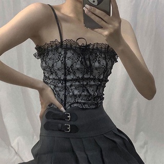 SA Women Summer Spaghetti Strap Crop Top Sexy Ruffles Floral Lace Square Neck Camisole Gothic Punk Harajuku Sweet Bowknot Slim Vest Shirt Streetwear (3)