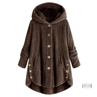 Mujer invierno cálido esponjoso abrigo botón chamarra Tops sueltos con capucha Outwear (4)