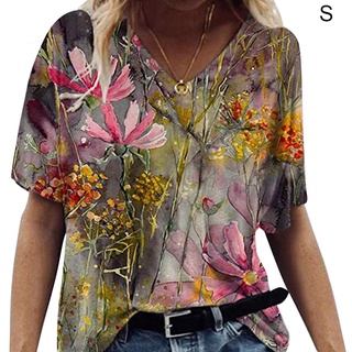 camiseta mujer floral impreso manga corta top cuello v blusa playa, caqui, s