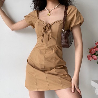 2021 Summer New French Retro Square Collar Lace-up Puff Sleeve Khaki Dress Slim Fit Sexy A-Word Skirt