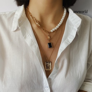 Oneworld collar de cadena multicapa con colgante cuadrado de perlas de imitación para mujer joyería