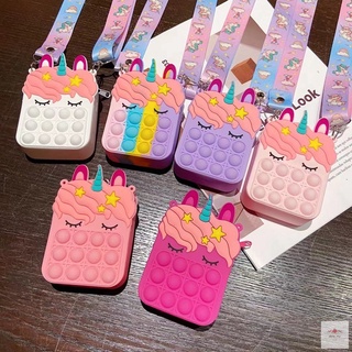 Unicorn Pop It Figet juguetes monederos Mini silicona suave cartera bolsas niños cremallera alta capacidad paquete de tarjeta con correa cordón caso (1)