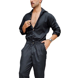 ✦Kq❈Mono de hombre, Color sólido cuello de Turn-Down manga larga pijama mameluco para niños, negro/azul oscuro