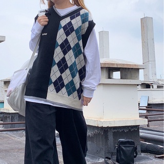Argyle suéter chaleco geométrico tejer jersey sin mangas Preppy inglaterra estilo joven Femme cuello en V Top (7)