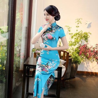 Vestido largo femenino chino Sexy elegante Qipao Cheongsam Vintage cuello mandarín flor pavo real vestido S M L XL XXL 3XL