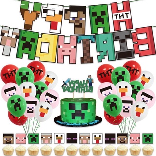 Minecraft My World Pixel juego tema fiesta de cumpleaños decoración conjunto bandera torta Topper globo niños bebé fiesta de cumpleaños necesidades