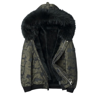 Abrigo de piel auténtica para hombre, chaqueta de invierno con forro de piel de conejo Real, Parka cálida con cuello de piel de mapache, chaquetas de camuflaje de talla grande MY1784