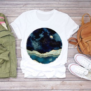 Landscape painting dolphin print women's short-sleeved shirt top