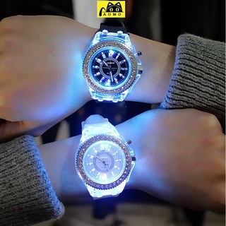 aomo popular luz nocturna reloj de agua taladro led flash pareja de silicona hombres mujer relojes ginebra fossil reloj