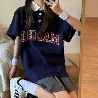 verano 2021 nuevo estilo coreano estilo universitario cuello polo letra impreso manga corta camiseta femenina suelta estudiante camisa