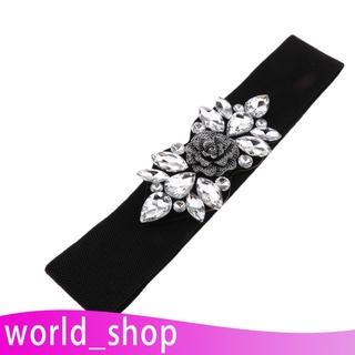 [worldshop] mujer retro rhinestone flor elástica cintura cintura envoltura con botón snap, negro/blanco/oro (7)