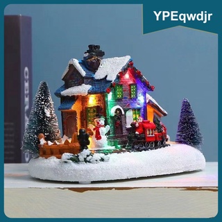 casas de pueblo de navidad-micro paisaje resina casa luminosa tren decoración, estilo europeo tradicional terminado