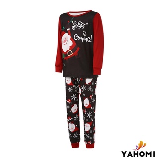 Yaho coincidencia familia navidad pijamas Casual manga larga Santa impresión Tops + pantalones conjunto (4)