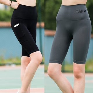 las mujeres más grandes bolsillos laterales elástico delgado yoga pantalones cortos de cintura alta ropa interior pantalones deportivos