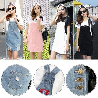 *QS Fashion Loose Denim Dress Preppy Style Letters Strap Ripped Hole Dresses
