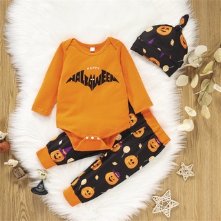 [*dos Veces*-] bebé bebé niños niñas Halloween calabaza impresión mameluco Tops+pantalones+gorro conjunto (1)