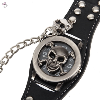 Precioso reloj de pulsera de cuarzo estilo Punk con tapa de calavera con correa de remache para hombre ~ (6)