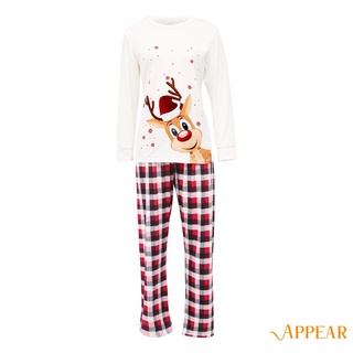 ✲ PE ✿ Navidad Padre-Hijo Pijamas , Ciervo Impresión Manga Larga Cuello Redondo Camiseta , Mono A Cuadros , Color Bloque Pantalones