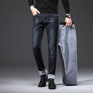 Lana acolchado Jeans de los hombres sueltos rectos Casual elástico más el tamaño de otoño e invierno caliente engrosado de los hombres pantalones largos