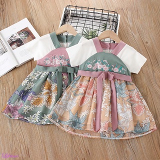 Summer Casual Baby Girl Chinese Style Printed Princess Dress Children Short Sleeve Dress