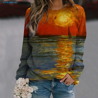 nlshime Skin-Touch Sweatshirt Jumper Sunrise Scene Print Long Sleeve Sweatshirt Jumper Thick Outerwear (1)