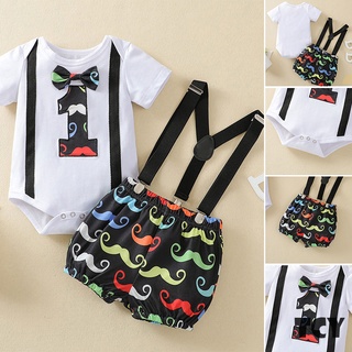 Baby Boys Clothes Set Infant Short Sleeve Shirt and Suspender Beard Printed Shorts Outfits for Summer