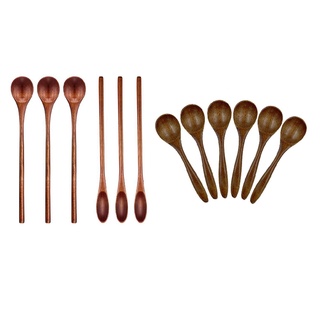 6 PCS 5.3 Inch Natural Soup Spoons Bamboo Wood Spoon & 6 Pcs Wooden Coffee Spoon Long Handle Wooden Mixing Spoon