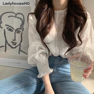 [LadyhouseHG] Blusa De Mujer Puff Manga Blanca Encaje Larga Camisa Casual Suelta Volantes Tops Venta Caliente