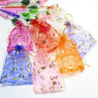jingfeng 50 bolsas de embalaje pequeñas decoración de boda bolsas de organza fiesta caramelo joyería corazones diseño 9x12cm bolsas de regalo