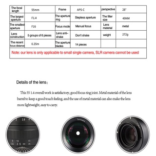 [koo2-9] 55 mm f1.4 aps-c lente de enfoque manual de apertura grande para sony a6000/ a6300/ a6500/ nex-3 /nex-3n/ nex-3r/ nex-5t