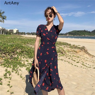 (hotsale) cherry impreso vestido envuelto mujeres coreanas moda corto slim manga maxi vestidos {bigsale}