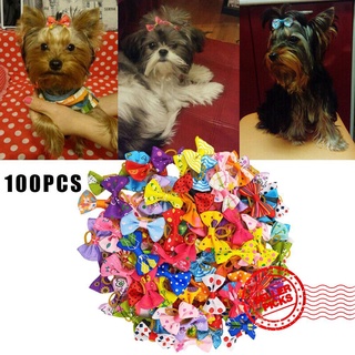 100PCS Dog Hair Bows Pet Dog Flower Headwear Rubber Bands Hair Puppy Clips Accessories W8B2