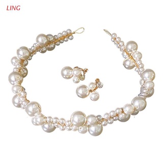 Ling coreano mano trenzado imitación gran perla diadema pendientes conjunto de mujeres novia boda accesorios para el cabello