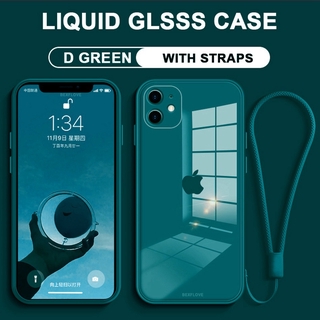 Tempered Glass Case for iPhone 12 11 pro max Cover Strap Square Edge Cases for IPhone 12Pro XS Max Cover Lens Camera Protector Case iPhone 7 8 Plus 12mini 7+ 8+ XS Max 11 Full Protection Hard Back Shell with Logo