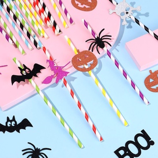 maravilloso 10pcs diy pajitas decoración brujas arañas murciélagos calabazas papel paja festival fiesta rayas hogar feliz halloween (4)
