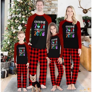 Pft7-navidad familia padre-hijo pijamas carta única raglán Tops y pantalones cuadros conjunto de ropa de hogar