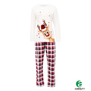 ✬ ZJ ☽ Navidad Padre-Hijo Pijamas , Ciervo Impresión Manga Larga Cuello Redondo Camiseta , Mono A Cuadros , Color Bloque Pantalones