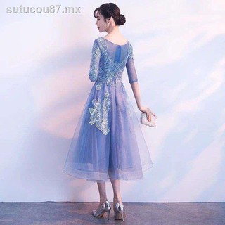 ✕Vestido de noche de banquete 2021 nuevo vestido de dama de honor azul corto elegante y delgado vestido de anfitrión de la reunión anual de la empresa femenina