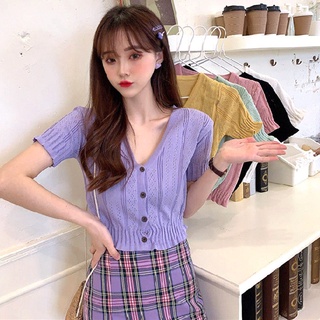 Nuevo cuello en v corto mujer camiseta coreana crop top