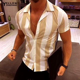 Camisa Casual con cuello con estampado De Manga corta rayas verticales con botones para hombre (6)