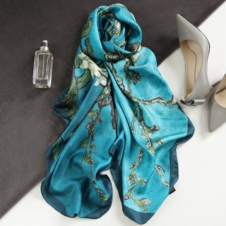 españa de lujo bufanda de seda de las mujeres diseñador van gogh pintura al óleo floral chales de seda pashmina señoras envolturas bufandas foulard nuevo hiyab (1)