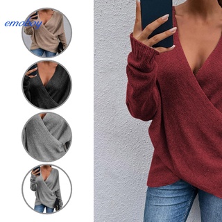 emoboy All-Match Pullover Sweater Deep V-Neck Women Knitted Top Long Sleeve Streetwear