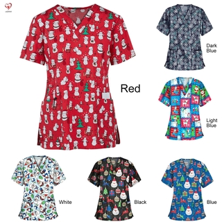 mujer enfermería exfoliante tops impreso uniforme feliz navidad flores camisa de manga corta t-shirt (1)