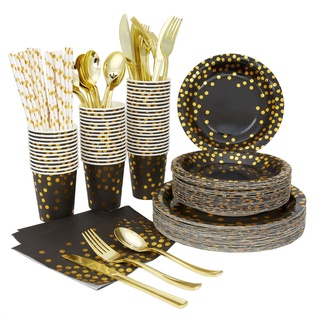 Negro bronceador fiesta desechable suministros negro oro lunares desechables platos de papel y tazas